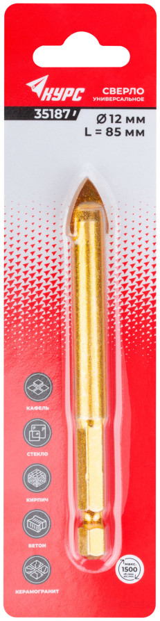 Сверло универсальное по кафелю, стеклу, керамограниту, бетону, кирпичу, шестигранный U-хвостовик под биту, 12х85 мм