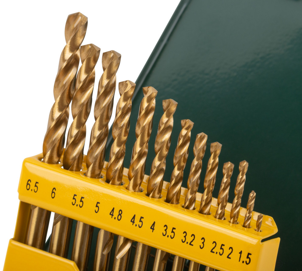 HSS metal drill set, titanium coating, 13 pieces (1.5-6.5 mm), metal box