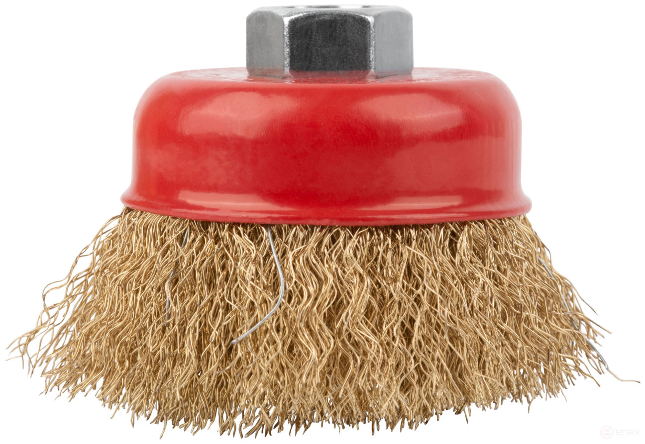 Корщетка чашечная, гайка М14, стальная латунированная волнистая проволока 65 мм