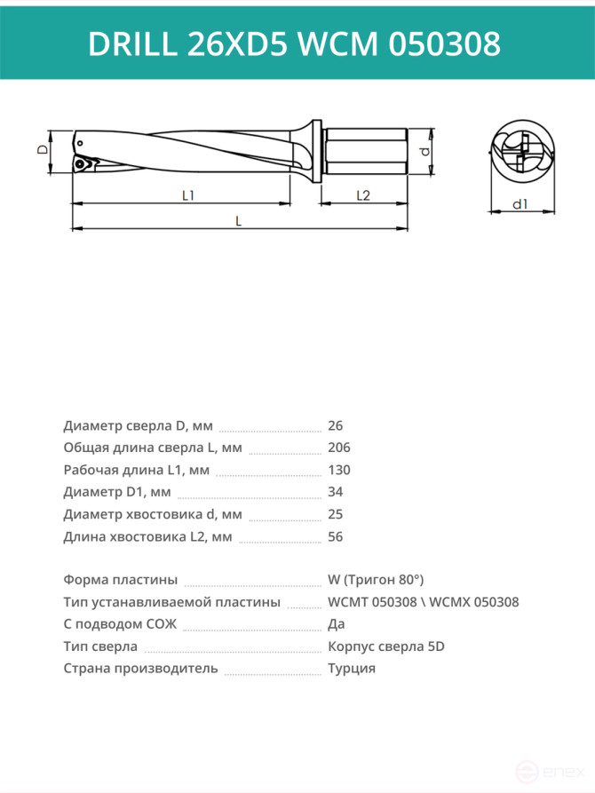 DRILL 26XD5 WCM 050308 сверло корпусное - 26 мм / пластина WCMT 050308; WCMX 050308