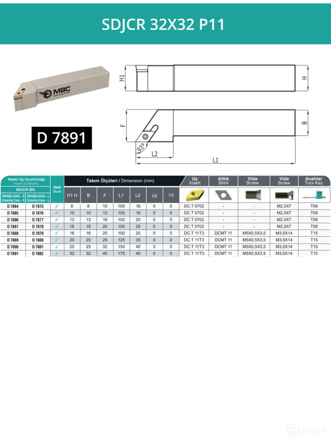 SDJCR 32X32 P11 резец токарный проходной правый 32x32 мм / пластина 11 мм, DCMT 11T3**