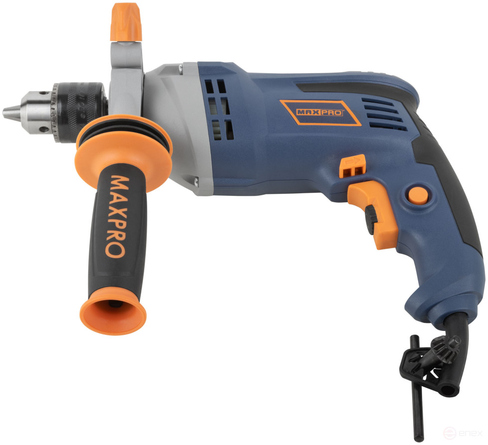 MAX-PRO Дрель ударная 850 Вт; 0-3000 об/мин; ключевой патрон 1,5-13 мм; 2,4 кг; антивибрационная ручка; меалл. корпус редуктора; резиновые вставки; ко