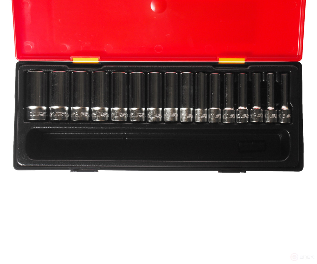 A set of 3/8" 6-sided 6-22mm deep 16-piece end heads in a JTC case