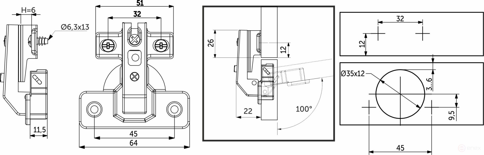 Петля под фальшпанель 90° с доводчиком 45мм h6 несъемная планка AKS (еврошурупы) короткое плечо