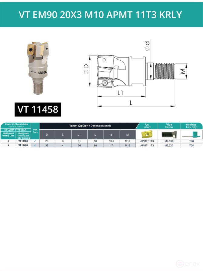 VT EM90 20X3 M10 APMT 11T3 KRLY Milling Replacement Head 20 mm with thread M10 / with coolant