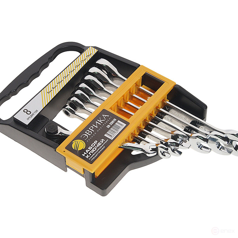 Набор ключей комбинированных ER-20619 трещоточных 8 предметов 6,8,10,12,13,15,17,19мм (на держателе) ЭВРИКА 5/20