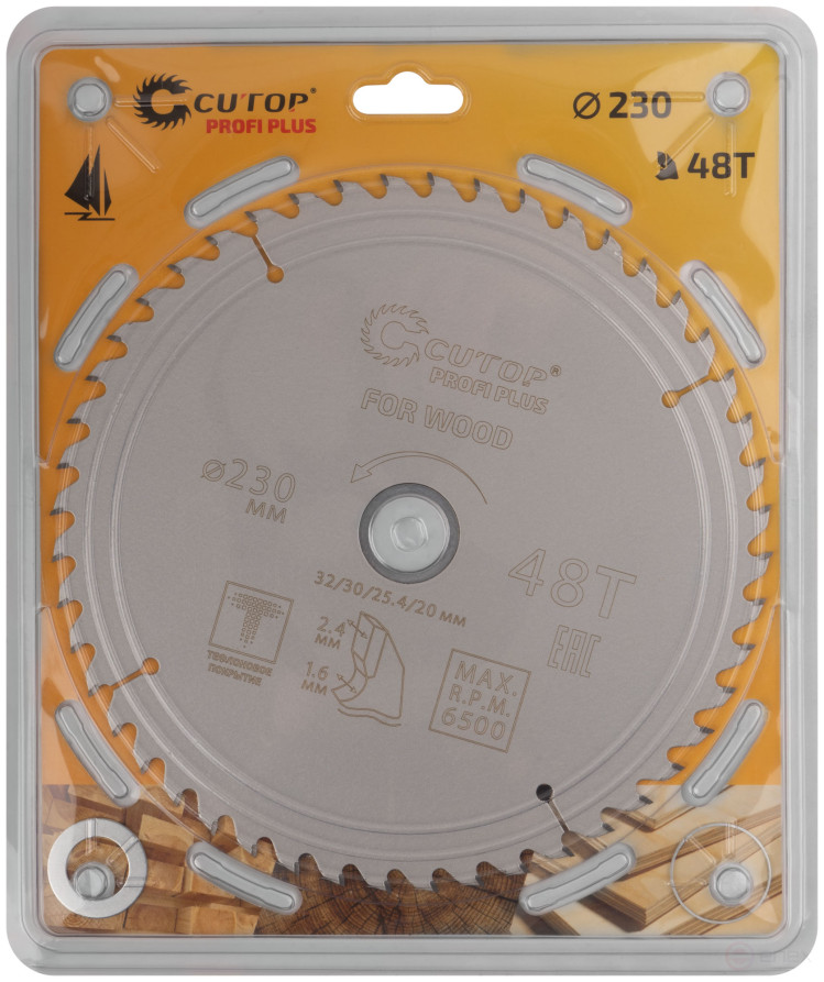 Диск пильный по дереву с тефлоновым покрытием 48Т, CUTOP Profi plus, 230 х 1,6/2,4 х 32/30/25,4/20 мм