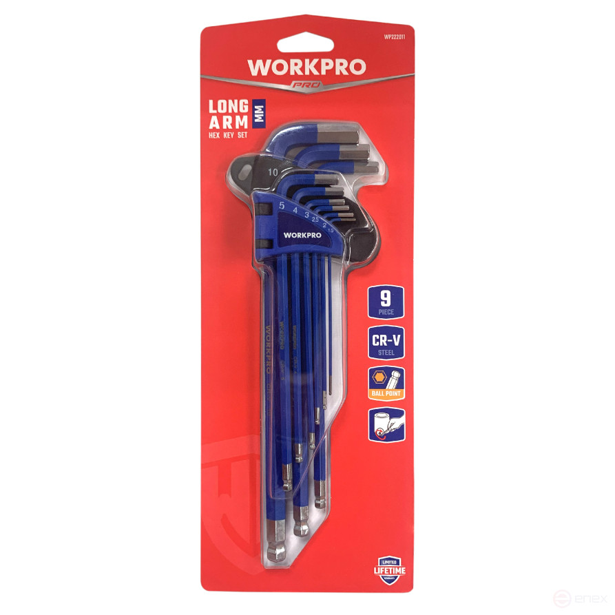 Ключи 6-гранные длинные с шаром 9шт в держателе проф WP222011 WORKPRO
