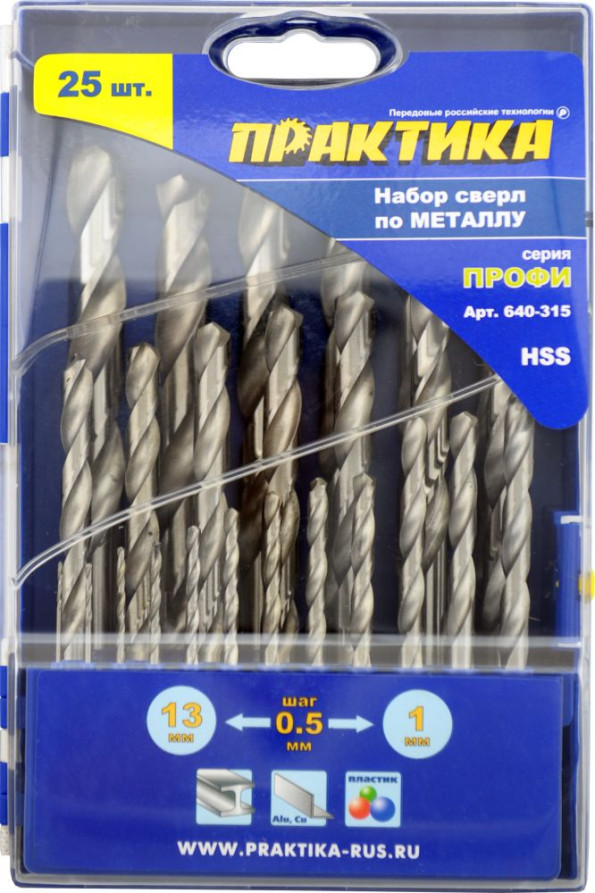 Набор сверл по металлу ПРАКТИКА "Профи" 25 шт. 1-13 мм, шаг 0,5 мм, ПРО кассета (640-315)