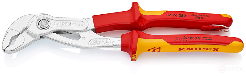 KNIPEX COBRA® клещи переставные с фиксатором, VDE, 50 мм (2"), под ключ 46 мм, L-250 мм,., хром, 2-к ручки, страх. крепл.