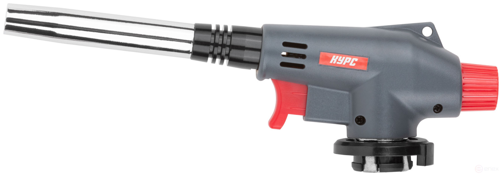 Gas burner with piezo ignition, vortex, elongated barrel