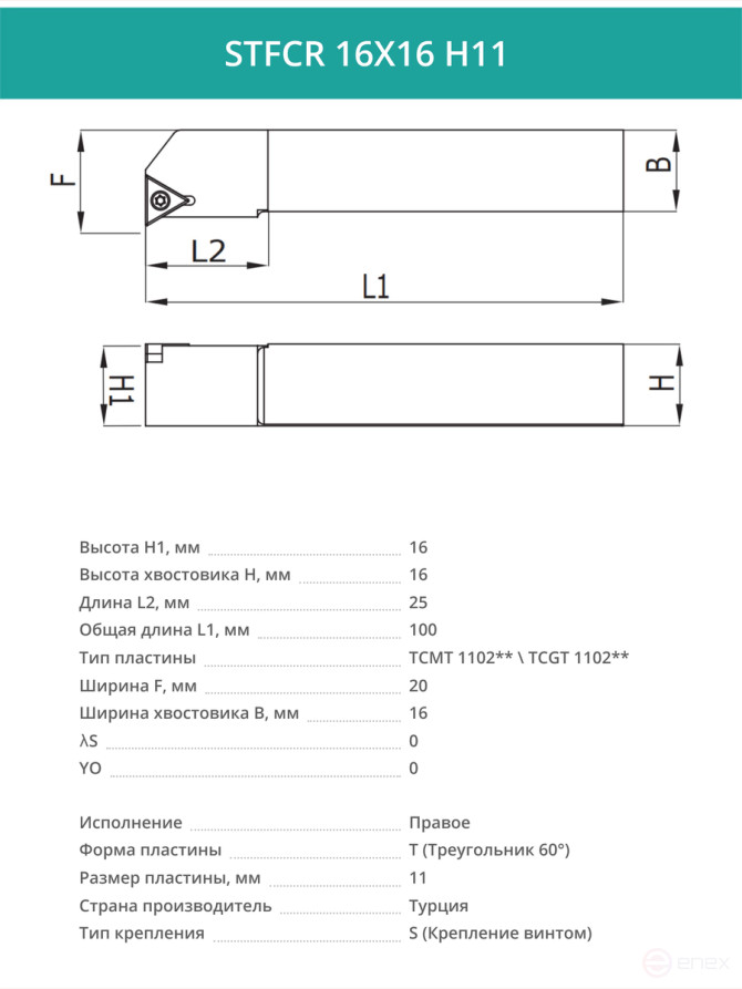 STFCR 16X16 H11 резец токарный проходной правый 16x16 мм / пластина 11 мм, TCMT 1102**
