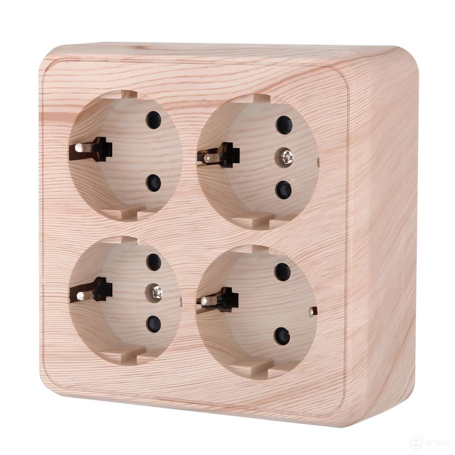 Four-place socket for an open installation with grounding contacts and protective shutters, (pine), Standard
