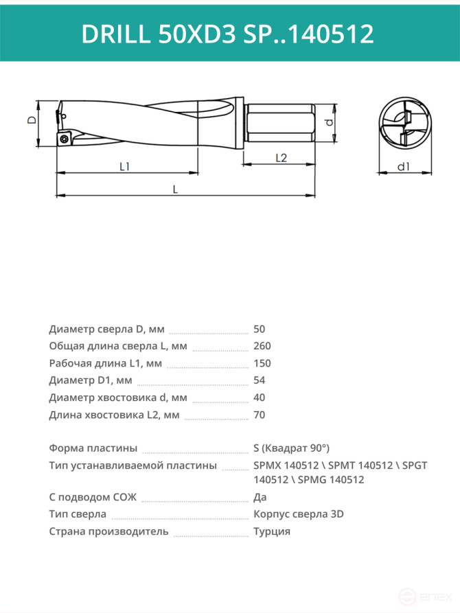DRILL 50XD3 SP..140512 сверло корпусное - 50 мм / пластина SPMX 140512; SPMT 140512