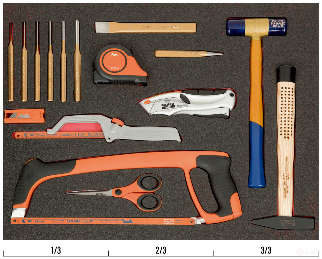 Fit&Go Set with percussion and cutting tools in a bed, 16 items
