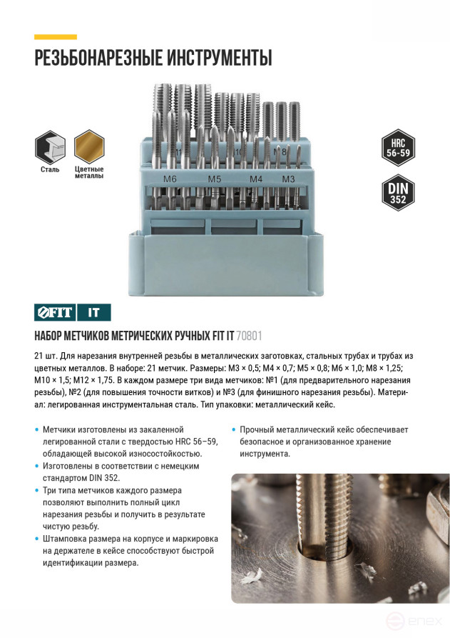 Метчики, легированная сталь Профи 21 шт. М3-М12, металлический кейс