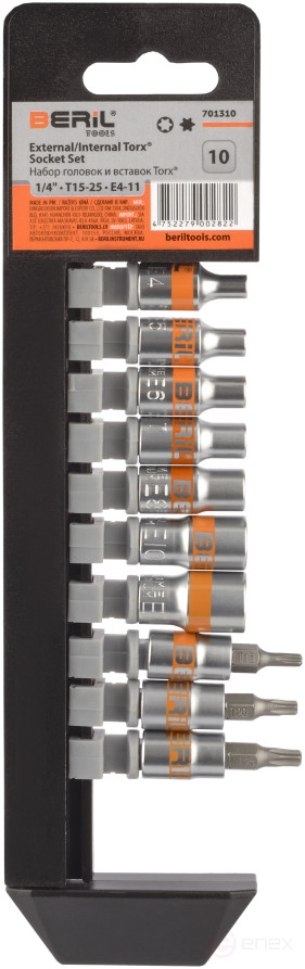 Set of TORX heads E4-E11 T15-T25 (DR1/4 , 10pr, holder) BERIL