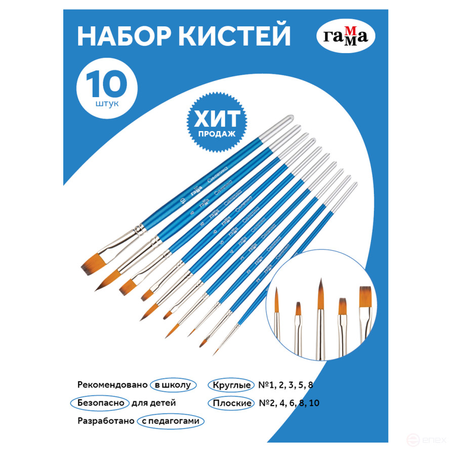 Набор кистей Гамма "Классические" 10шт., синтетика, круглые № 1, 2, 3, 5, 8, плоские № 2, 4, 6, 8, 10, блистер, европодвес