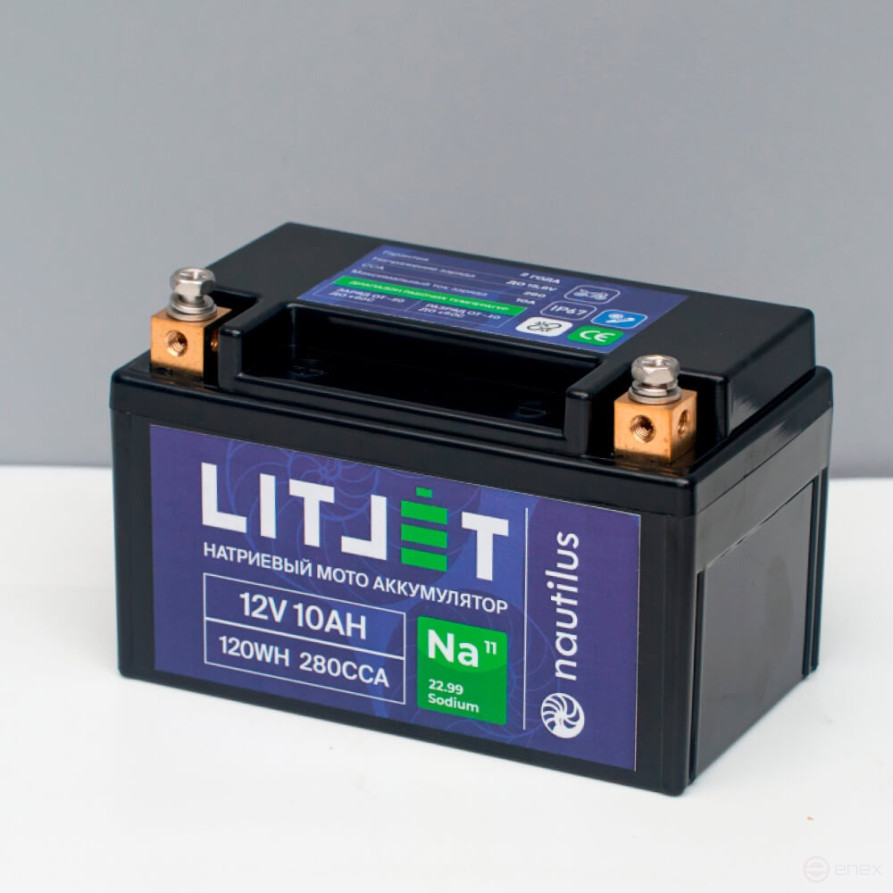 Starter Motorcycle Battery LITJET Na+ 12V 10Ah 120Wh 280CCA YTX7A IP67 L+