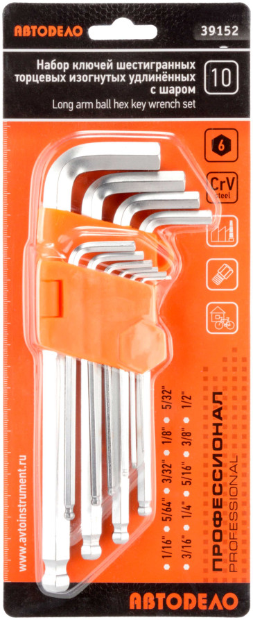 Набор Г-обр. шестигр. 10ч (1/16"-1/2"; CR-V; удлинённые; с шаром) АвтоDело (39152)