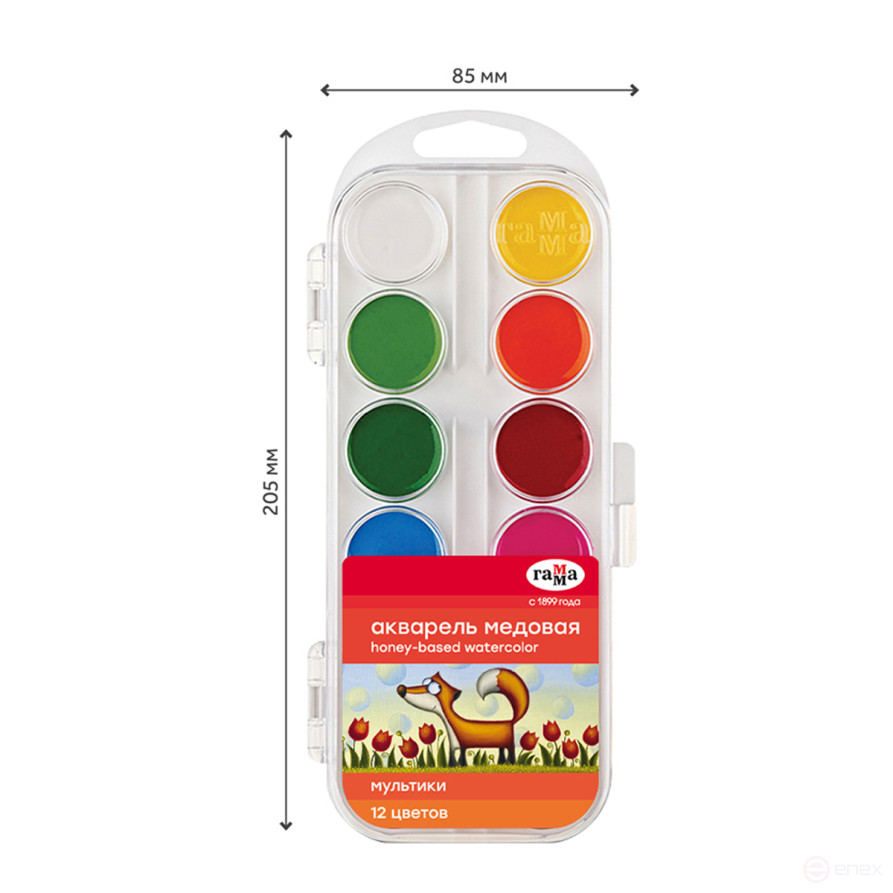 Watercolor Gamma "Cartoons" NEW, honey, 12 colors, without brush, plastic. package, European weight