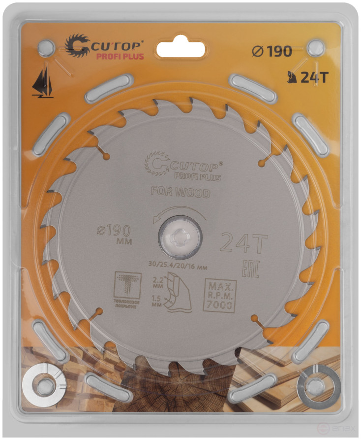 Диск пильный по дереву с тефлоновым покрытием 24Т, CUTOP Profi plus, 190 х 1,5/2,2 х 30/25,4/20/16 мм