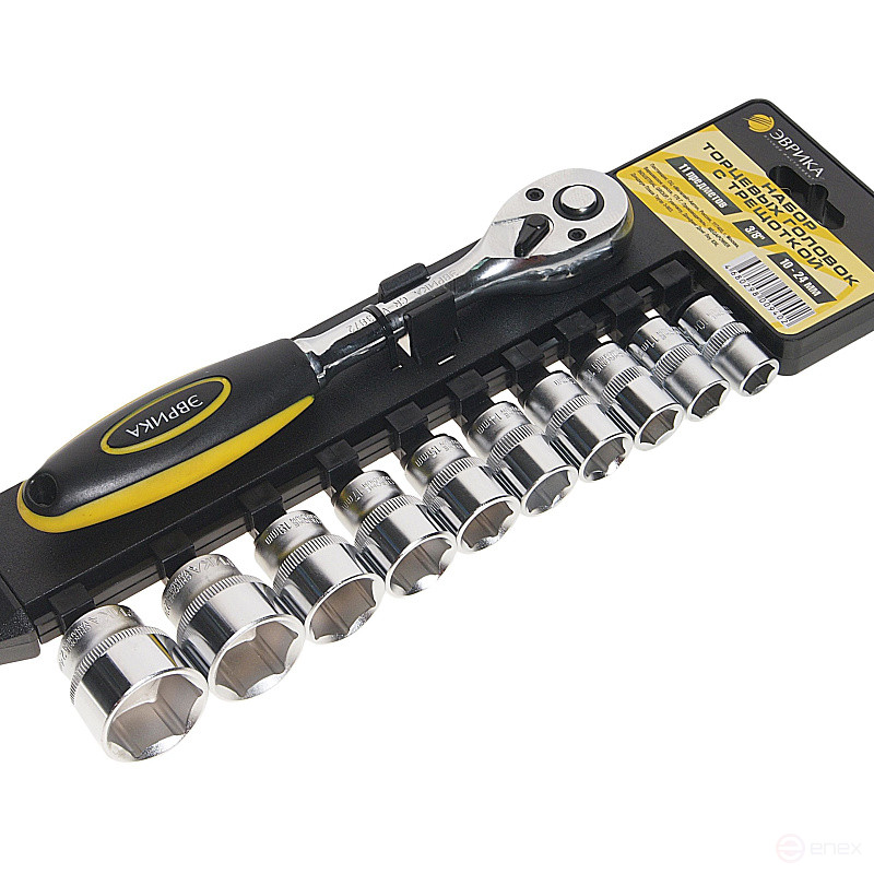 Набор торцевых головок с трещоткой ER-96080 3/8" DR 10-24мм 11 предметов, 72 зуб. (на держателе) ЭВРИКА