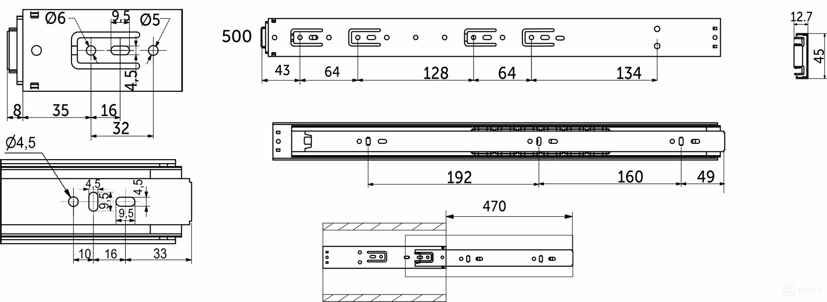 Направляющая шариковая L-500 h=45 AKS PLUS PUSH TO OPEN