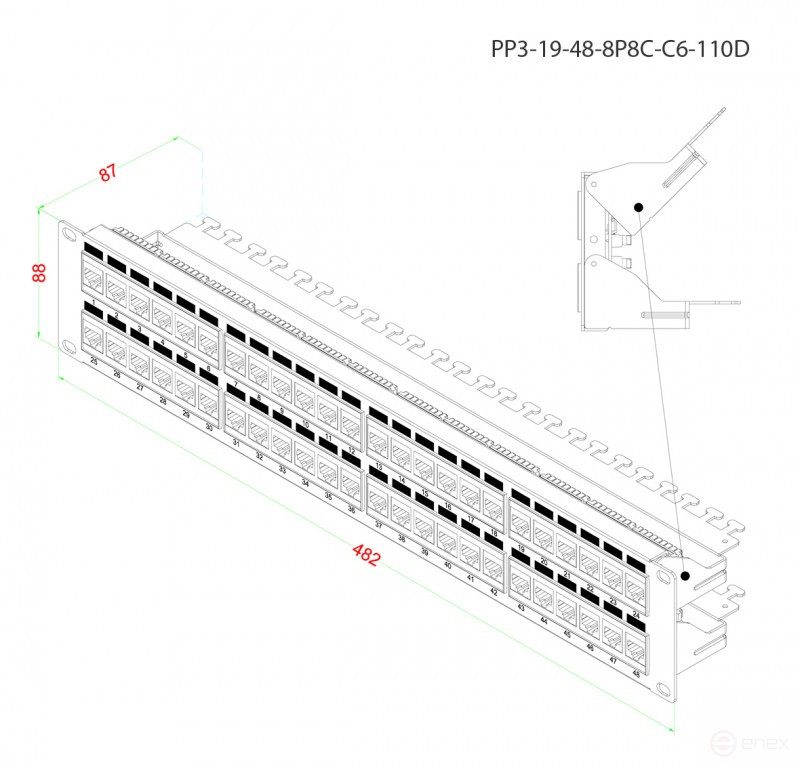 PP3-19-48-8P8C-C6-110D Патч-панель 19", 2U, 48 портов RJ-45, категория 6, Dual IDC, ROHS, цвет черный (задний кабельный организатор в комплекте)
