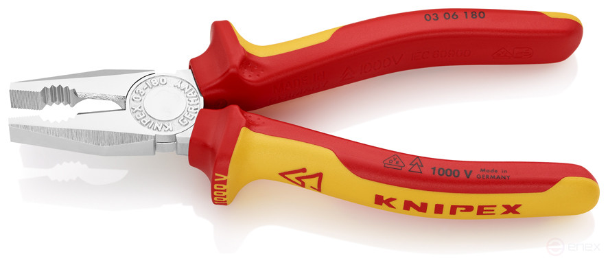 Плоскогубцы комб. VDE, рез: провол. ср. Ø 3.4 мм, твёрд. Ø 2.2 мм, кабель Ø 12 мм (16 мм²), L-180 мм, хром, 2-к ручки, держатель