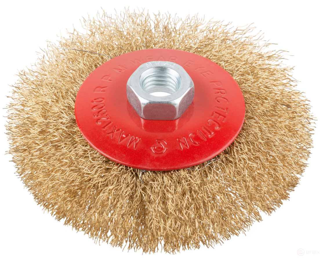 Корщетка-колесо с наклоном, гайка М14, стальная волнистая латунированная проволока 115 мм