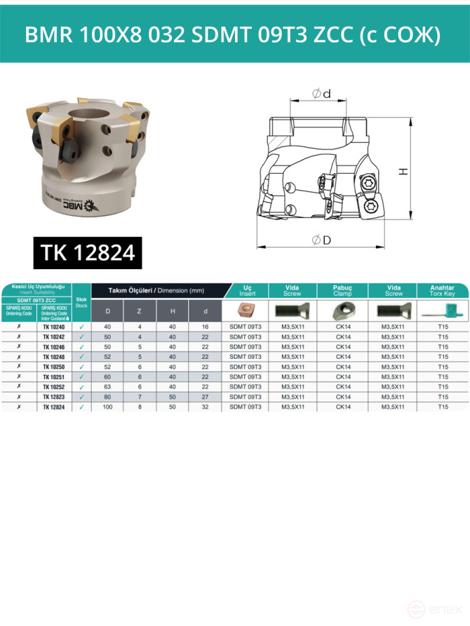 Milling cutter head 100 mm, fit 32 mm, 8 teeth BMR 100X8 032 SDMT 09T3 ZCC (with coolant) for the ZCC-CT plate