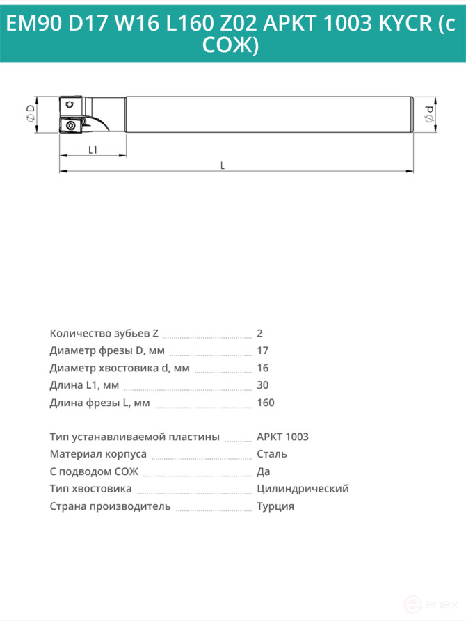 Концевая фреза корпусная 17 мм, 2 зуба, L 160 мм / EM90 D17 W16 L160 Z02 APKT 1003 KYCR (с СОЖ)