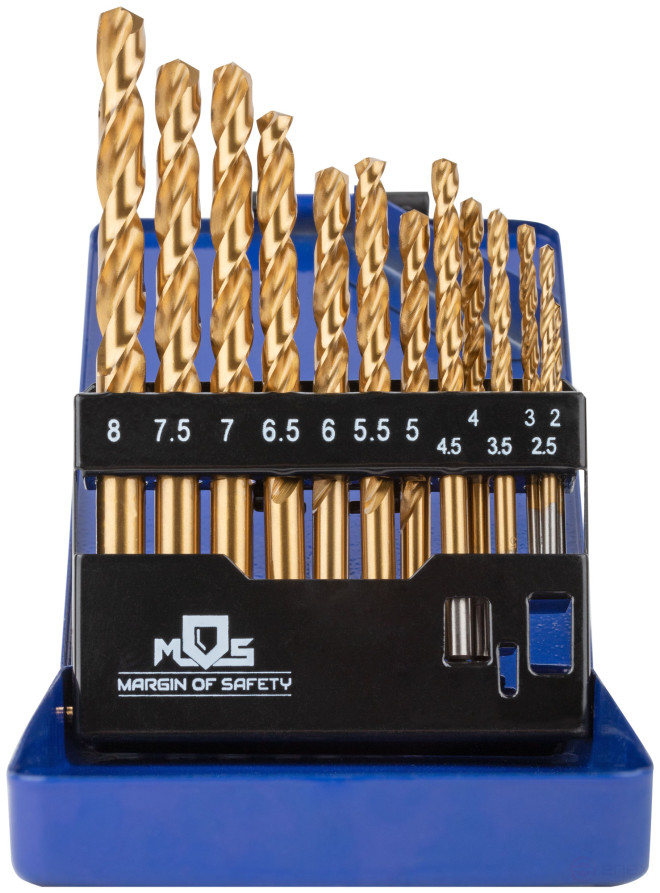 Set of HSS metal drills, ground, titanium coating, sharpening angle 135°, met.box, 13 pcs. (2-2,5-3-3,5-4-4,5-5-5,5-6-6,5-7-7,5-8 mm)