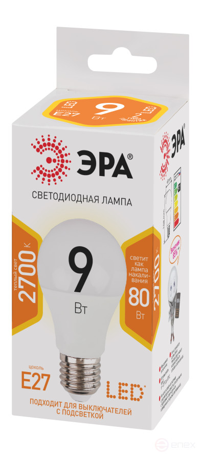 Лампа светодиодная ЭРА STD LED A60-9W-827-E27 9Вт груша теплый белый свет Е27