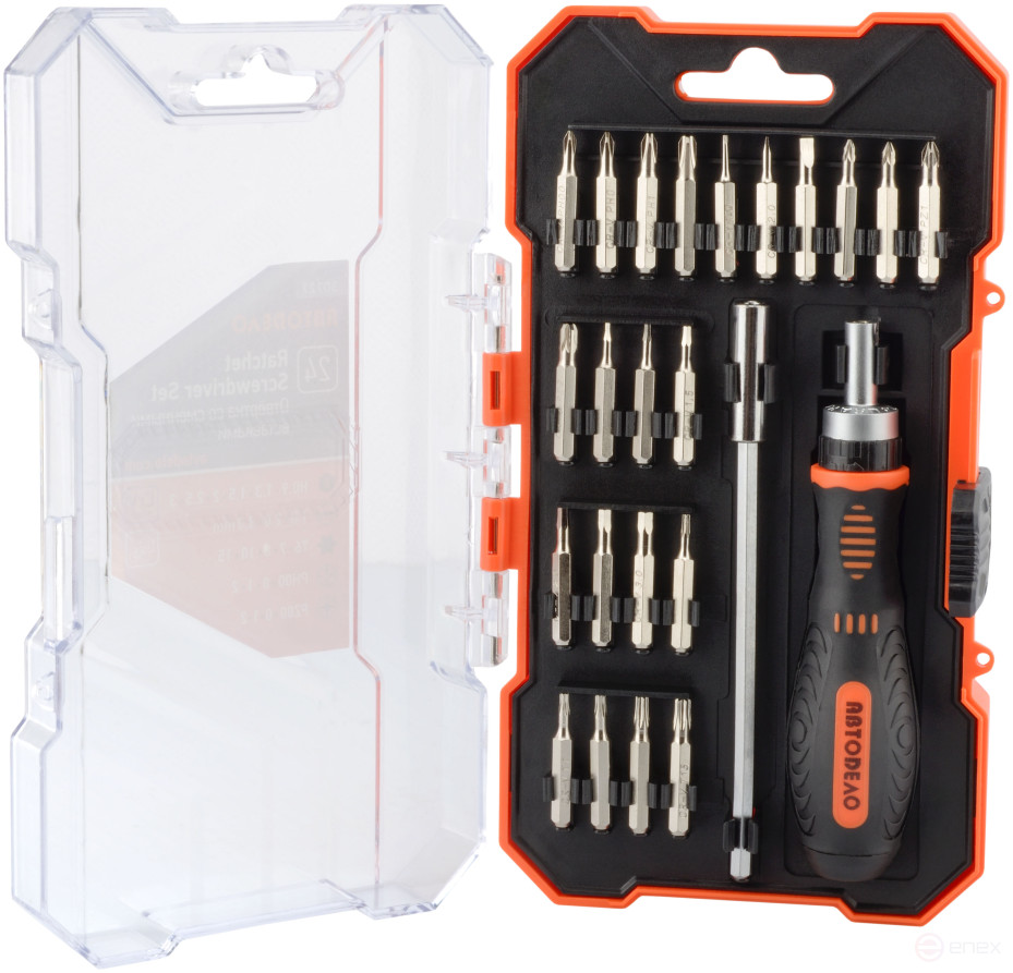 Ratchet screwdriver set with replaceable inserts 24pr.(plast/f) AvtoDelo (30727)