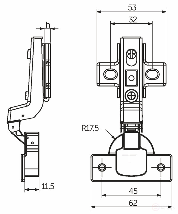 Петля внутренняя без пружины 45мм h0 clip-on AKS