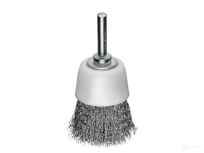 Щетка чашечная гофрированная, пластиковый корпус, Д50 мм, хвостовик 6 мм, нержавеющая гофрированная проволока ROF 0,30 мм