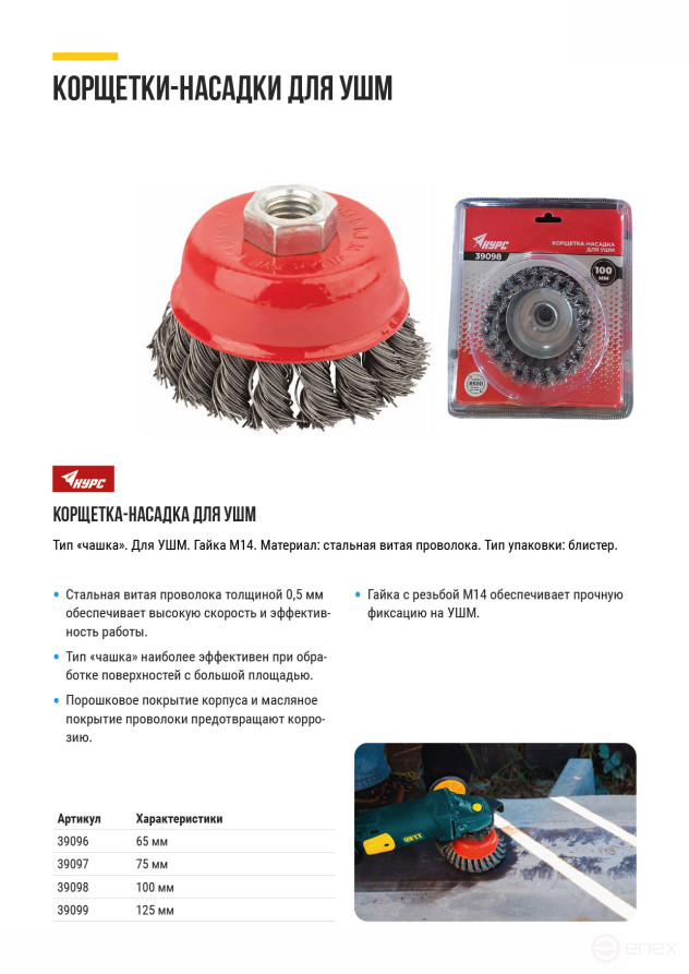 Корщетка-чашка, гайка М14, стальная витая проволока 125 мм, блистер