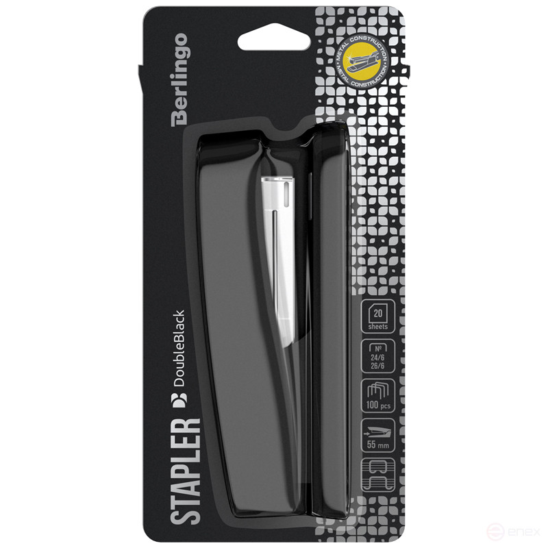 Степлер №24/6, 26/6 Berlingo "DoubleBlack", до 20 л., пластиковый корпус, черный