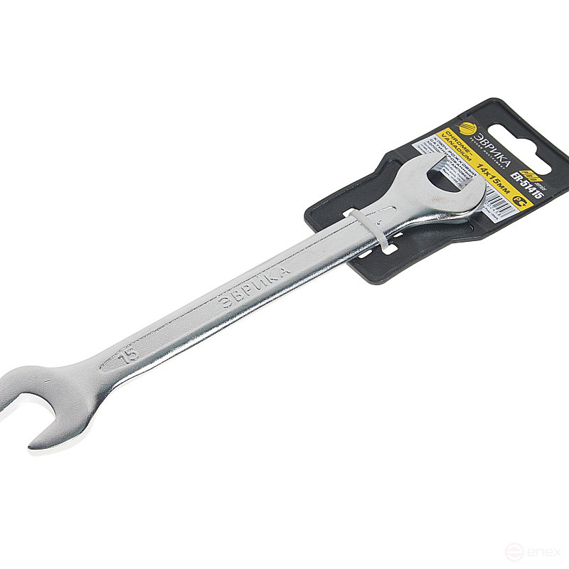 Ключ рожковый 14x15мм ER-51415 (Chrome vanadium) на держателе PRO ЭВРИКА 1/20/200