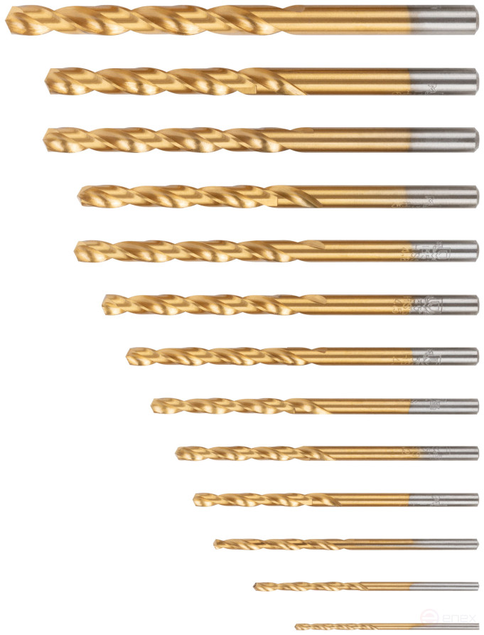 A set of HSS ground metal drills, titanium coating, 135° sharpening angle, layer. case, 13 pcs. (1.5-2.0-2.5-3-3.2-3.5-4-4.5-4.8-5-5.5-6-6.5 mm)