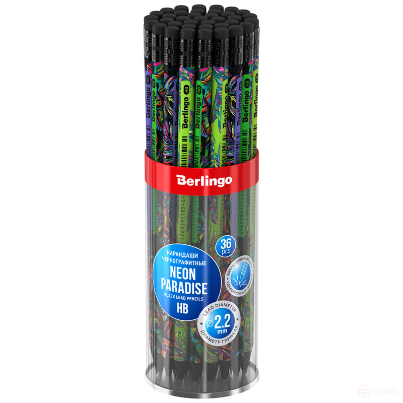 Карандаш ч/г Berlingo "Neon Paradise" HB, черное дерево, круглый, заточен., с ластиком, ассорти