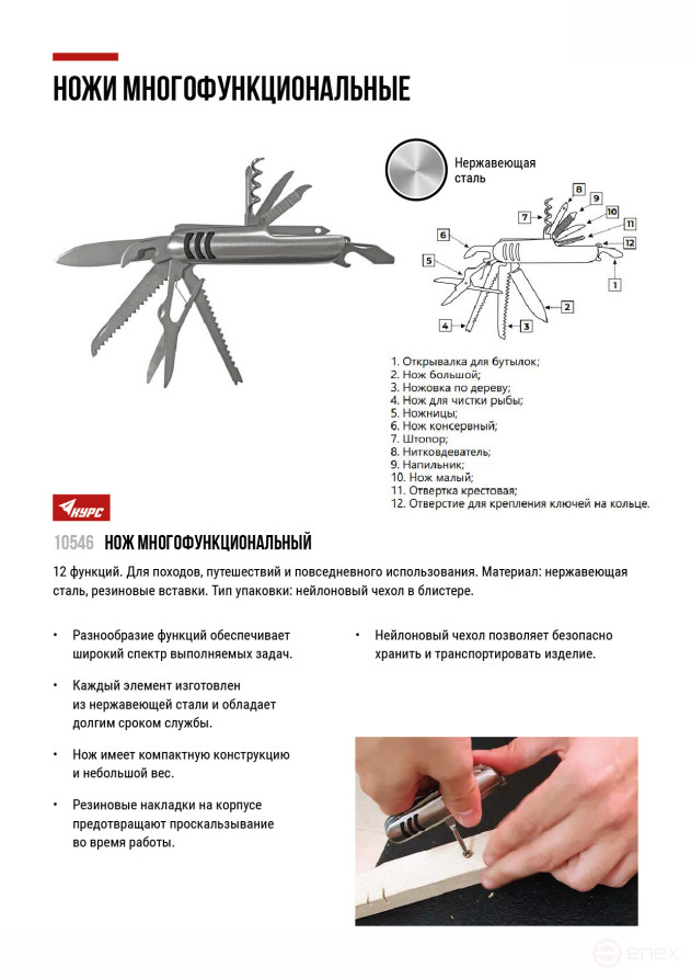 Нож складной, лезвие нержавеющая сталь 12 функций