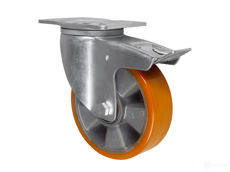 Swivel wheel bearing with brake reinforced with mounting plate 160 mm polyurethane