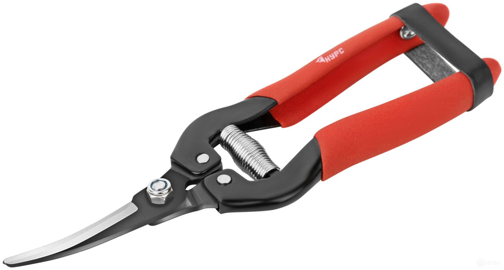 Секатор садовый, режущие кромки внахлест, изогнутые лезвия, ПВХ накладки на ручки 190 мм