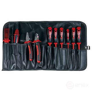 A set of VDE tools in a collapsible bag