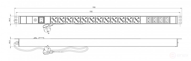 SHE-12SH-4IEC-SF-2.5EU Socket block, vertical, 12 Schuko sockets, 4 IEC320 C13 sockets, off with backlight, overvoltage protection, 2.5m (3x1.5mm2) power cable with Schuko plug 16A, 250V, 950x44.4x44.4mm (LxWxH), housing steel, black