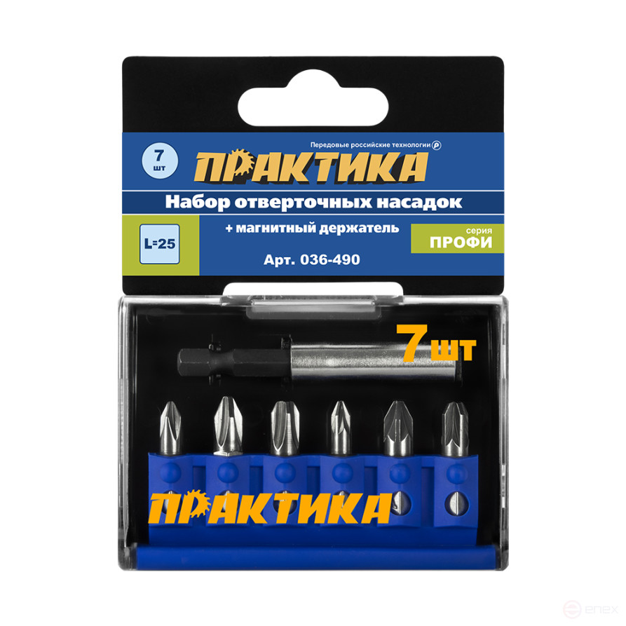 Набор бит ПРАКТИКА "Профи" 7шт PH1,2,3; PZ1,2,3 x 25мм, магнитный держатель, кассета (036-490)