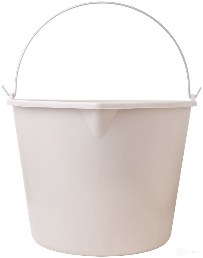 Plastic elastic construction bucket for mixing mortar with a 20 l spout